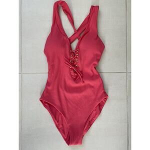 Becca Swim One Piece Swimsuit Lace Up Ribbed Plunge Swimwear